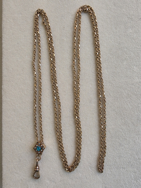 Vintage Jewelry - Antique Gold-Tone Watch Chain with Genuine Seed Pearls & Blue Paste Glass